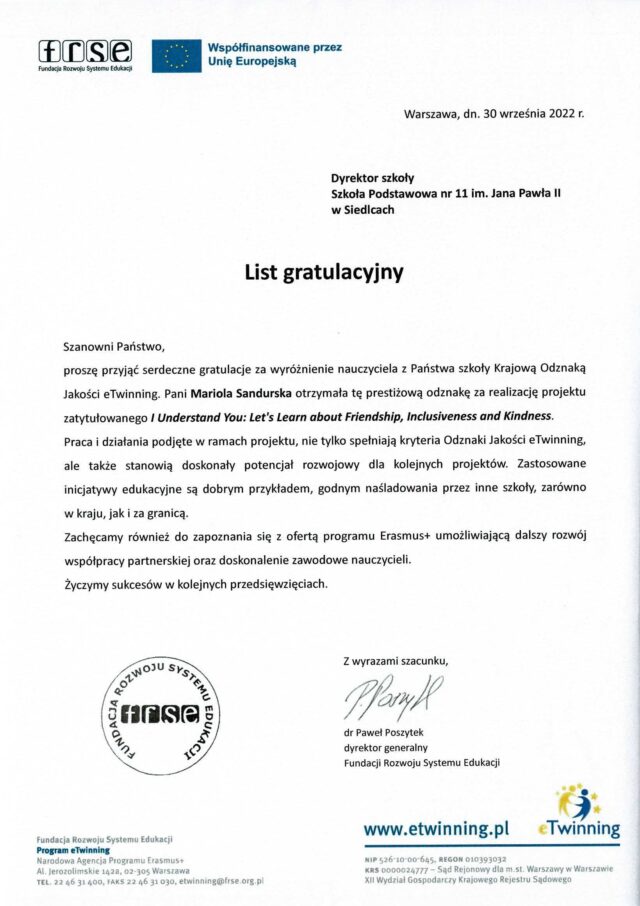 Krajowa Odznaka Jakości eTwinning-list gratulacyjny Mariola Sandurska