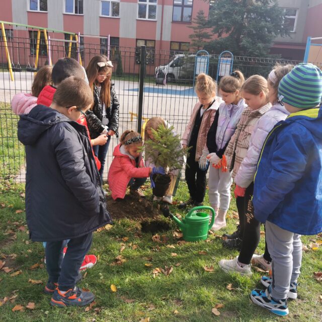Uczniowie z klasy  II c sadzą drzewko w ogrodzie szkolnym.