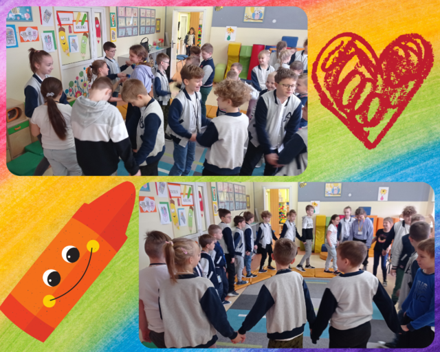 Uczniowie wspólnie tańczą do piosenki „Kolorowe kredki”. 