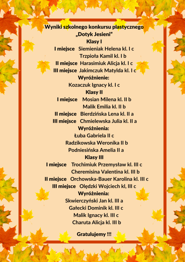 Wyniki szkolnego konkursu plastycznego „Dotyk Jesieni” – lista laureatów.