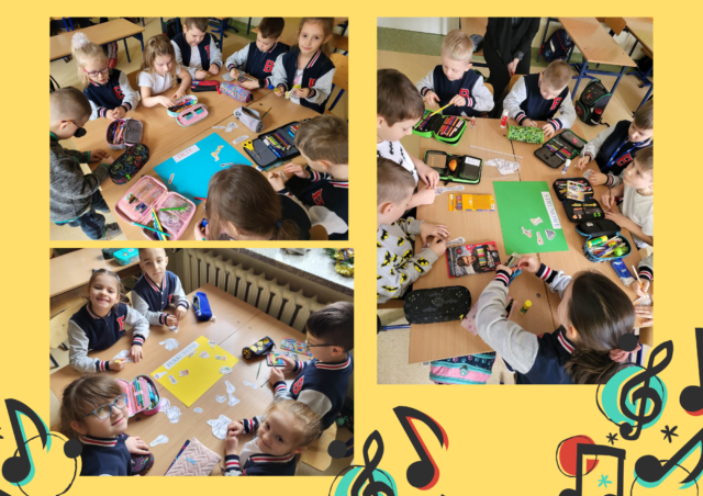 MIĘDZYNARODOWY PROJEKT EDUKACYJNY „Z KULTURĄ MI DO TWARZY”. Dzieci w grupach tworzą plakaty z instrumentami: strunowymi, dętymi, perkusyjnymi.