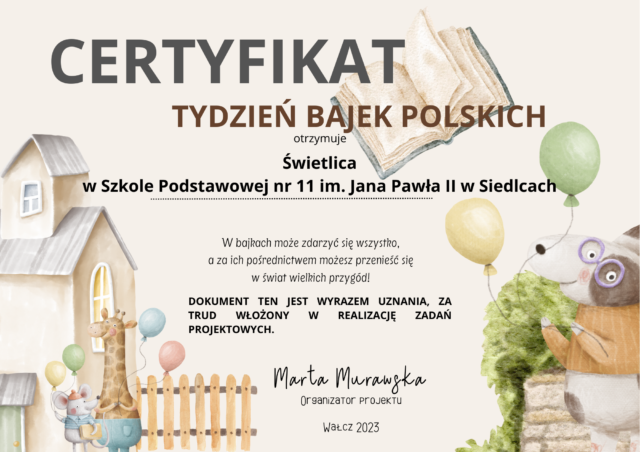 Certyfikat „Tydzień Bajek Polskich”.