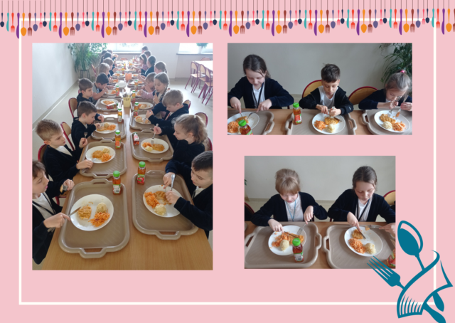 Z KULTURĄ PRZY STOLE - Międzynarodowy Projekt Edukacyjny „Z KULTURĄ MI DO TWARZY”. Uczniowie prezentują dobre maniery przy stole podczas obiadu.