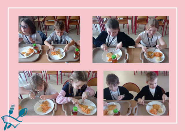 Z KULTURĄ PRZY STOLE - Międzynarodowy Projekt Edukacyjny „Z KULTURĄ MI DO TWARZY”. Uczniowie jedzą obiad, przestrzegając zasad kulturalnego spożywania posiłku.