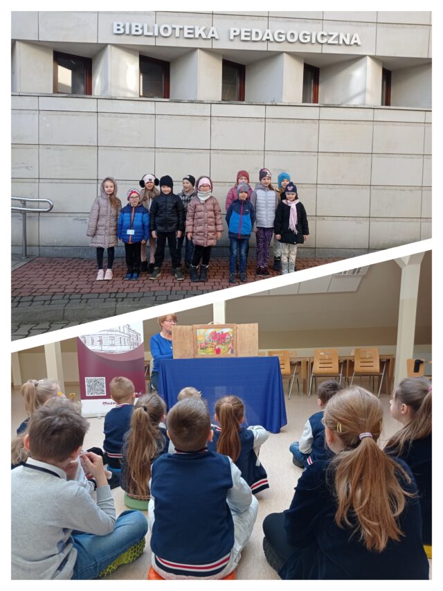Zdjęcie grupowe przed budynkiem Biblioteki Pedagogicznej im. Heleny Radlińskiej w Siedlcach. Uczniowie słuchają bajki prezentowanej za pomocą teatrzyku kamishibai.