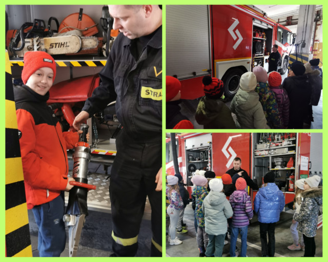 3. Zajęcia w sali edukacyjnej „Ognik”. Dzieci oglądają wyposażenie wozu strażackiego.