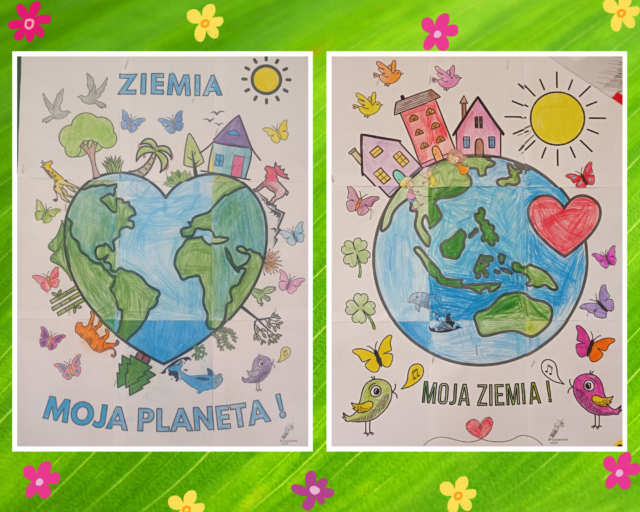 Obchody Dnia Ziemi w świetlicy 2023. Zdjęcia kolorowanek pomalowanych przez uczniów klas I: „MOJA ZIEMIA”, „ZIEMIA - MOJA PLANETA!”.