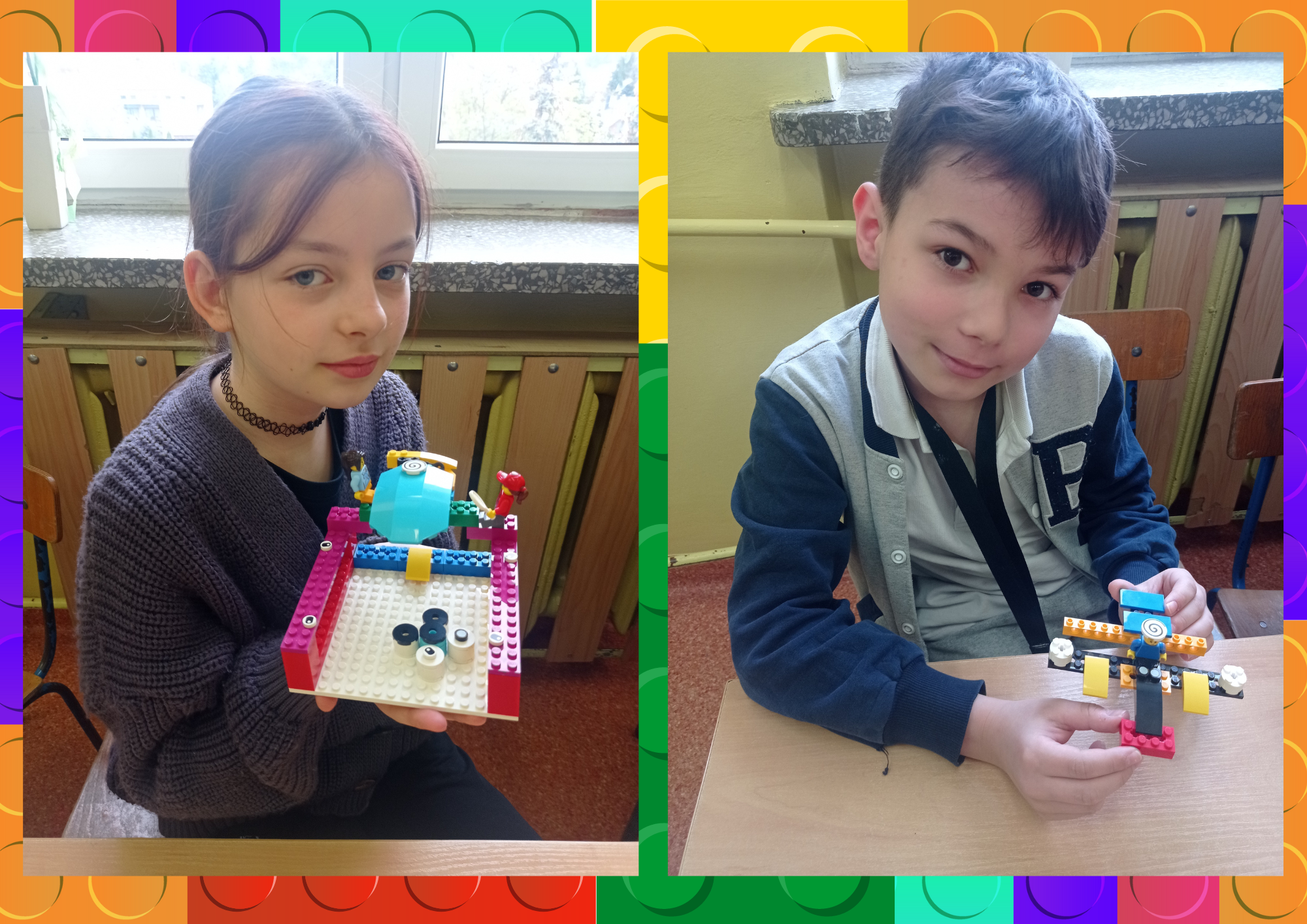 Dzieci prezentują samodzielnie zbudowane modele z klocków lego education.