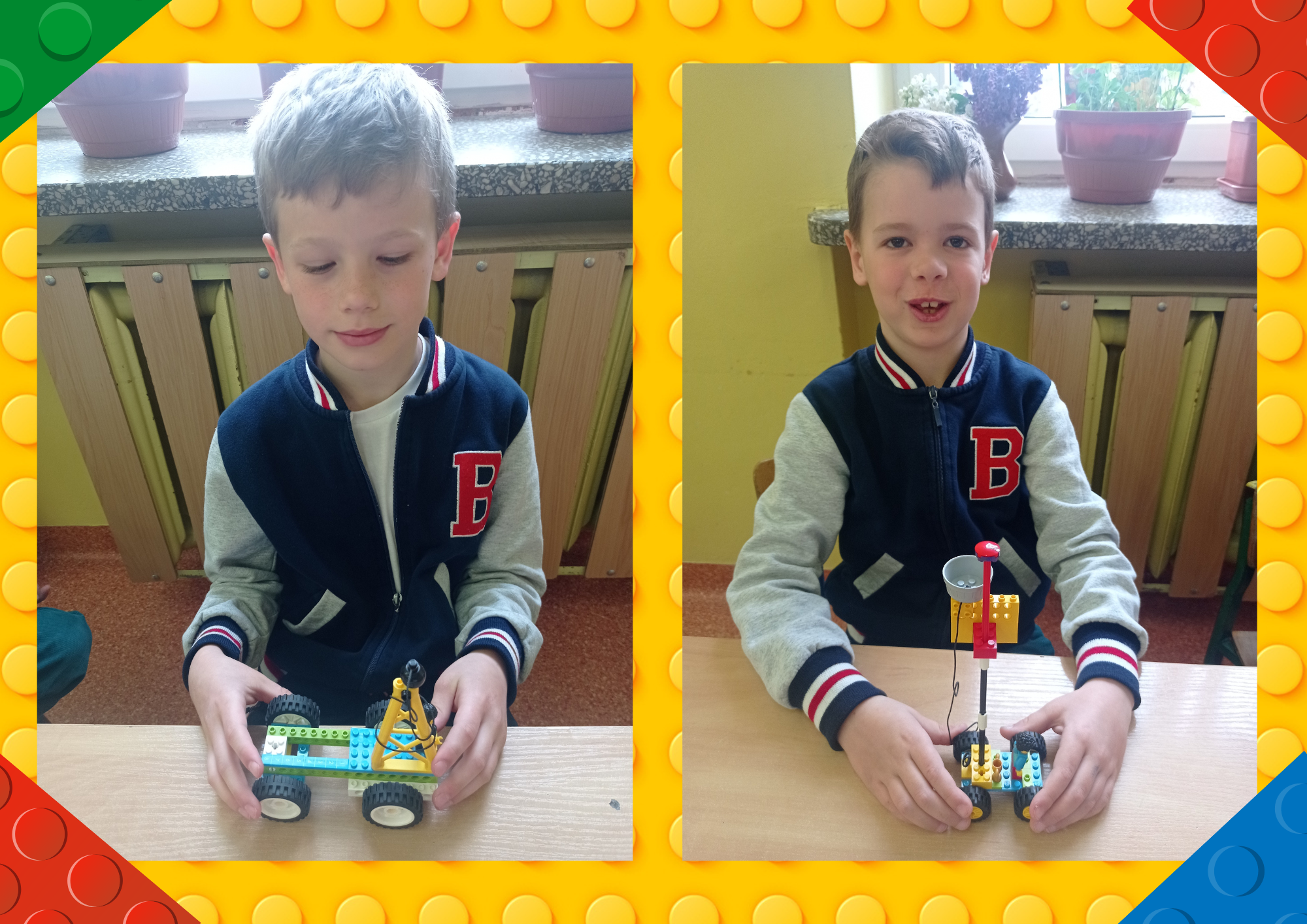 Dwóch uczniów z kl. I b pokazuje zbudowane z klocków lego samochodziki.