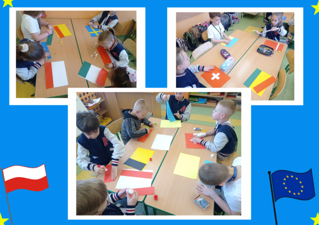 Tydzień Europejski w świetlicy. Zajęcia plastyczne – uczniowie robią flagi wybranych państw europejskich.
