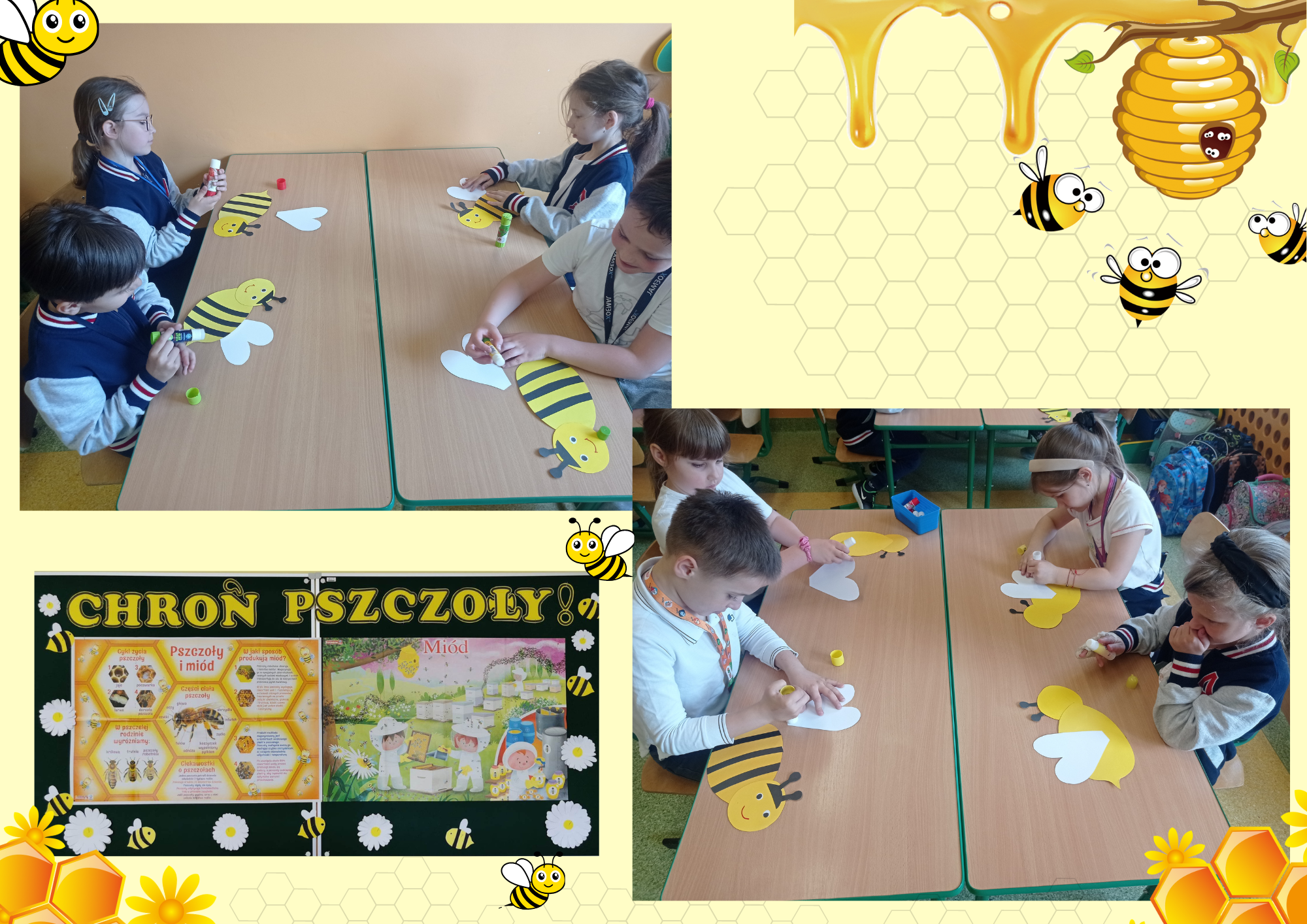 Zajęcia techniczno - plastyczne: uczniowie robią pszczoły z kolorowego papieru. Zdjęcie dekoracji tematycznej.