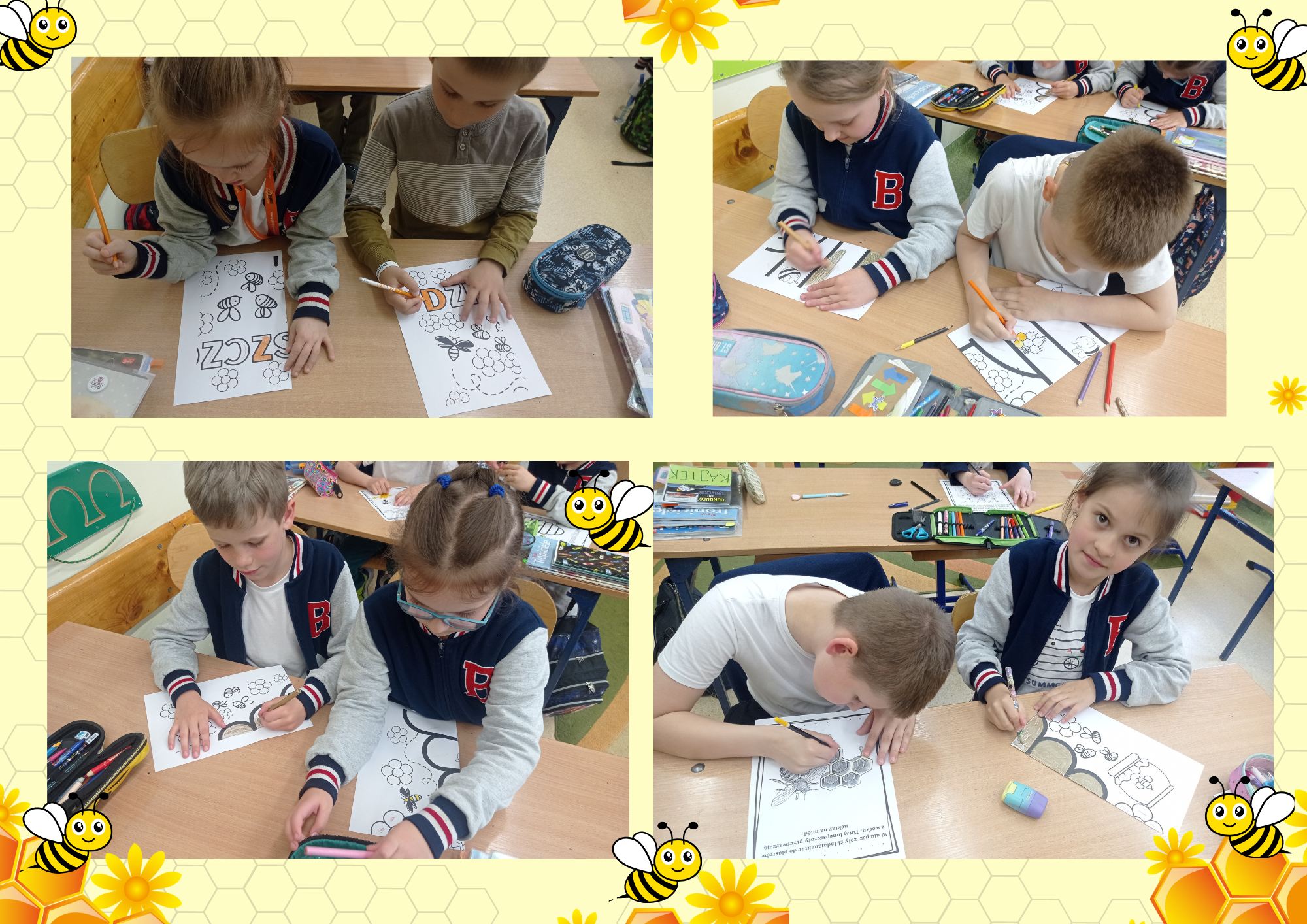 Dzieci kolorują fragmenty kolorowanki w formacie XXL i książeczki o pszczołach.