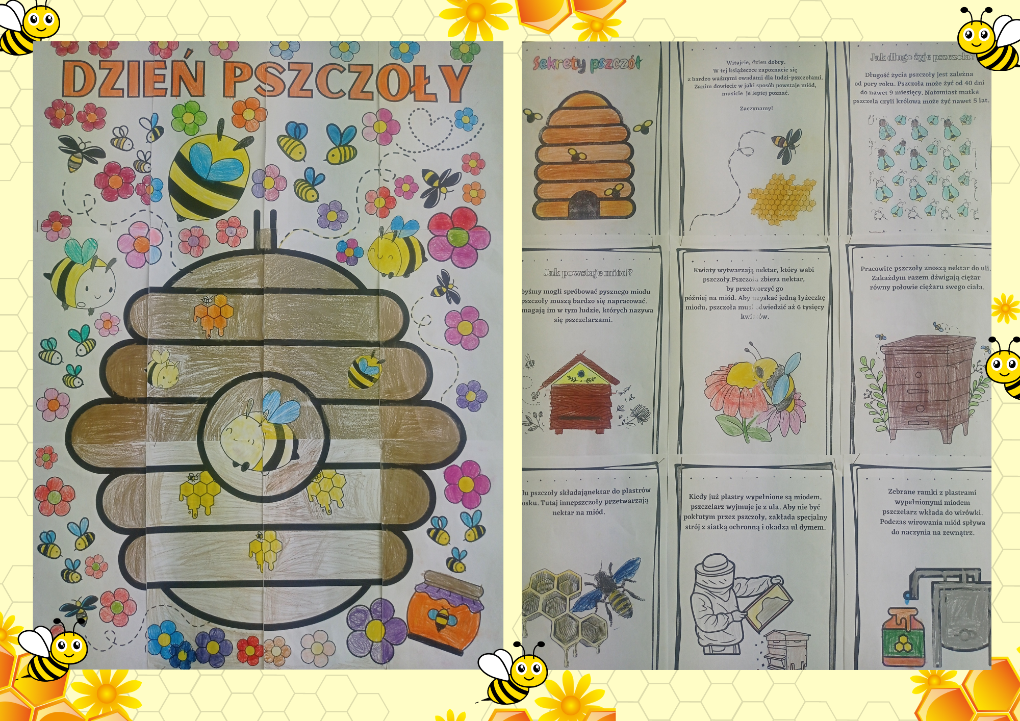 Zdjęcie pomalowanych i złożonych w całość elementów kolorowanki XXL i książeczki o pszczołach.