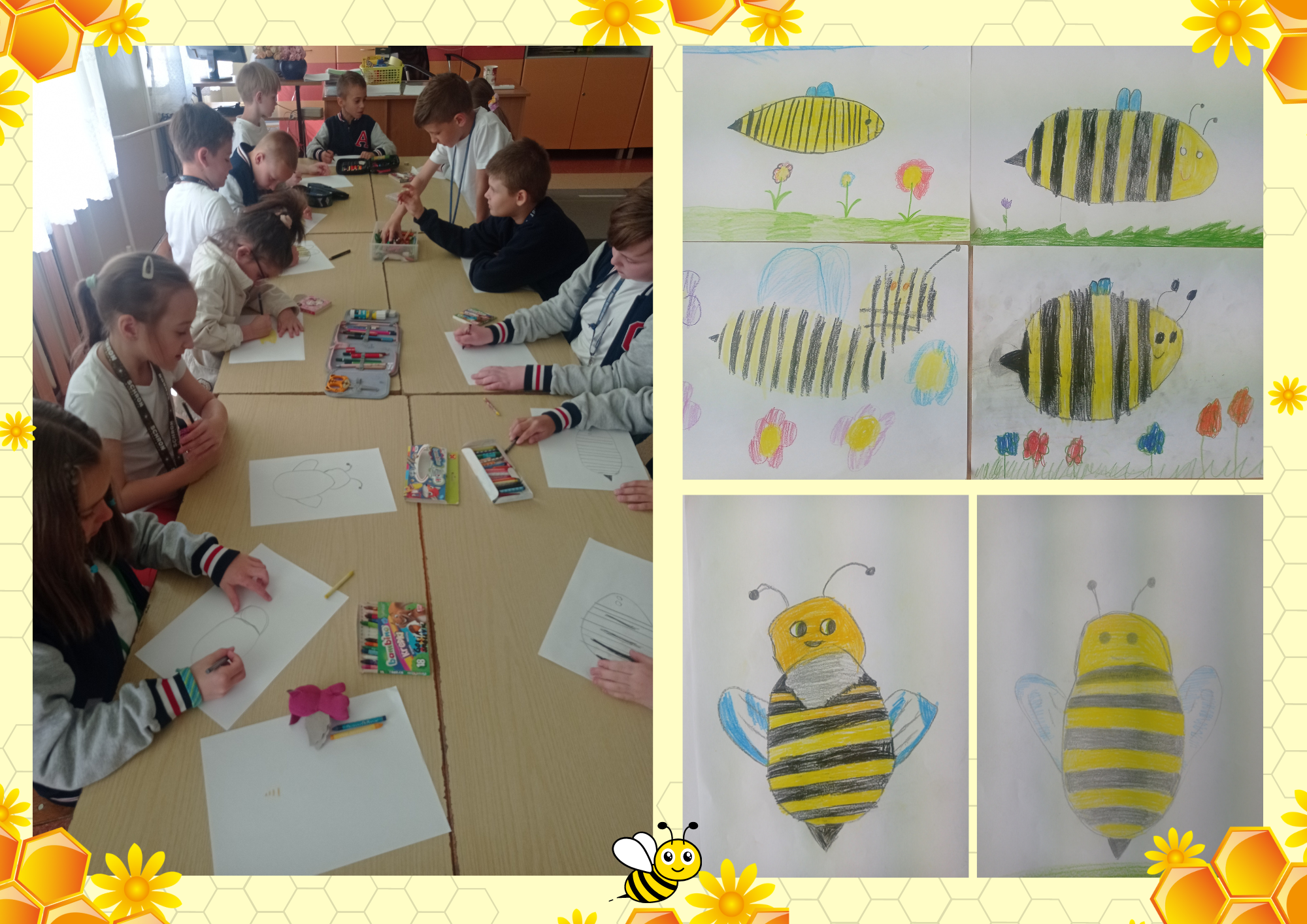 Zajęcia plastyczne - świetliczaki rysują pszczoły. Zdjęcie wybranych prac plastycznych.