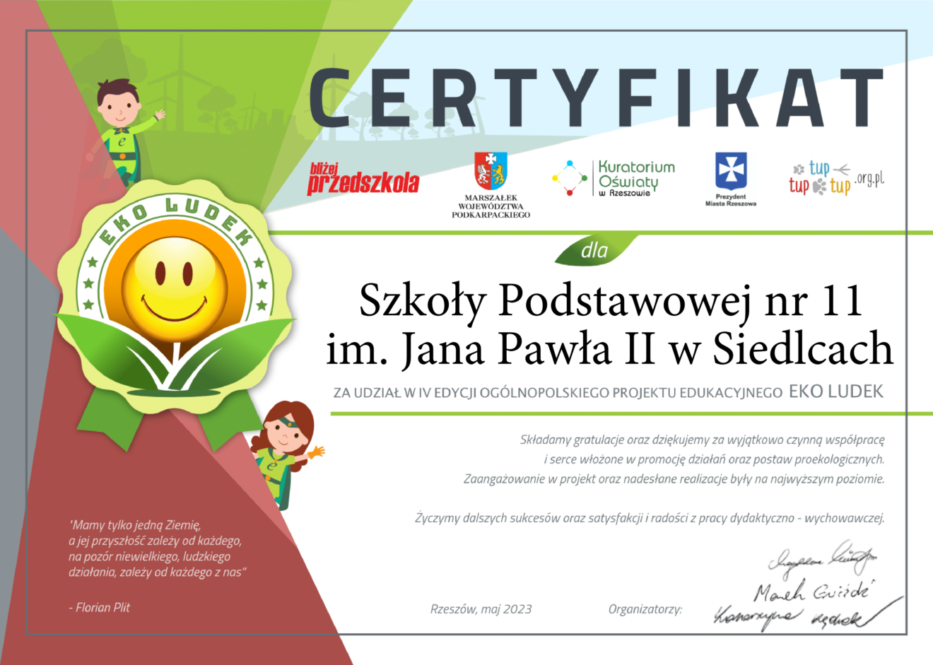 Certyfikat udziału w Ogólnopolskim Projekcie Edukacyjnym Eko Ludek