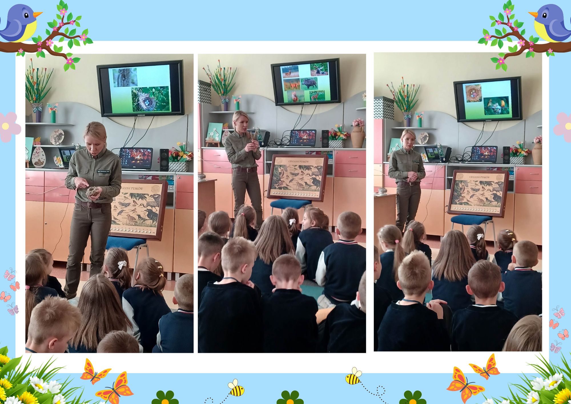 Przedstawicielka Nadleśnictwa Siedlce prowadzi zajęcia edukacyjne. Pani leśnik pokazuje uczniom eksponaty przyrodnicze oraz prezentację multimedialną o zwierzętach występujących w polskich lasach.