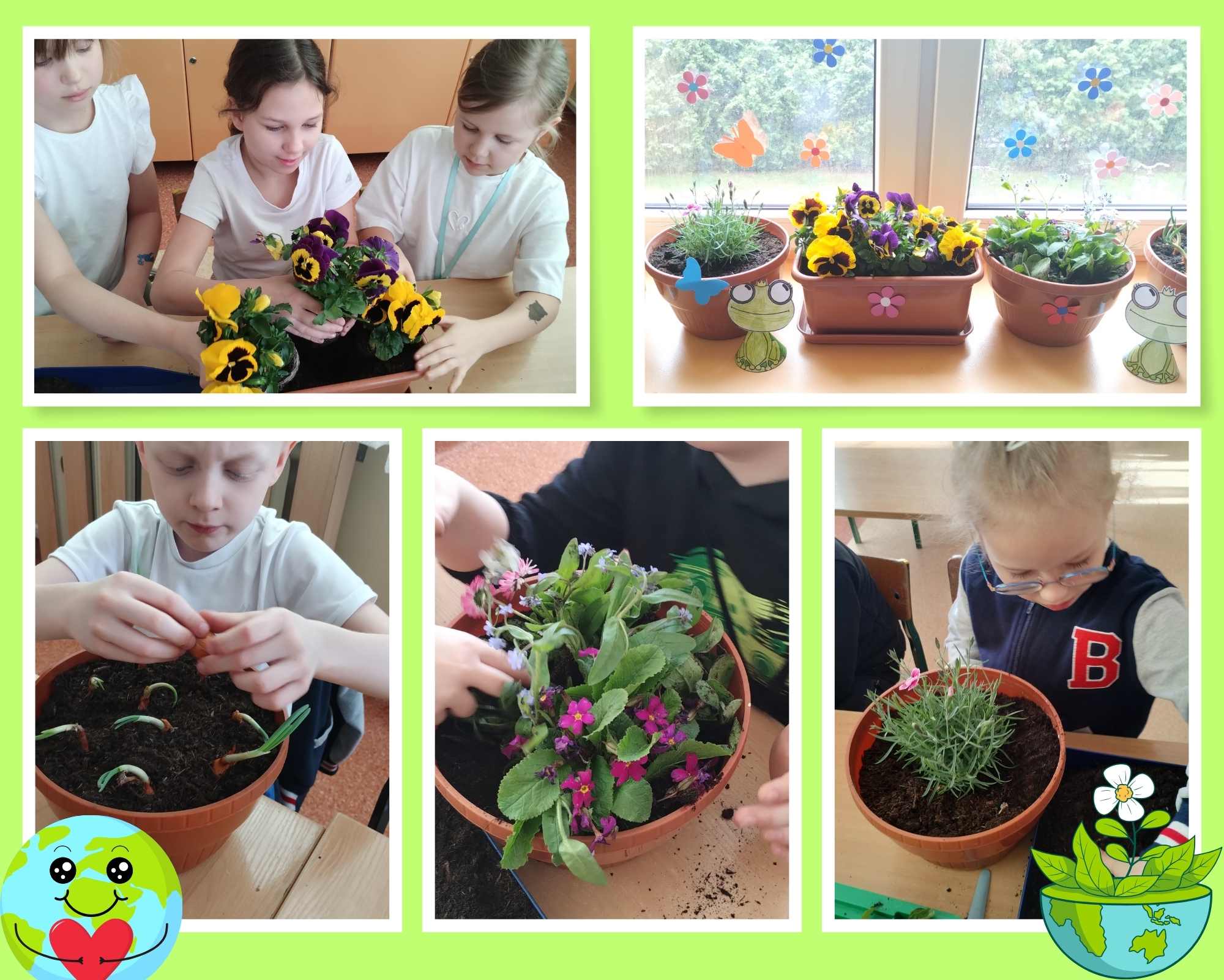 Uczniowie sadzą kwiaty.