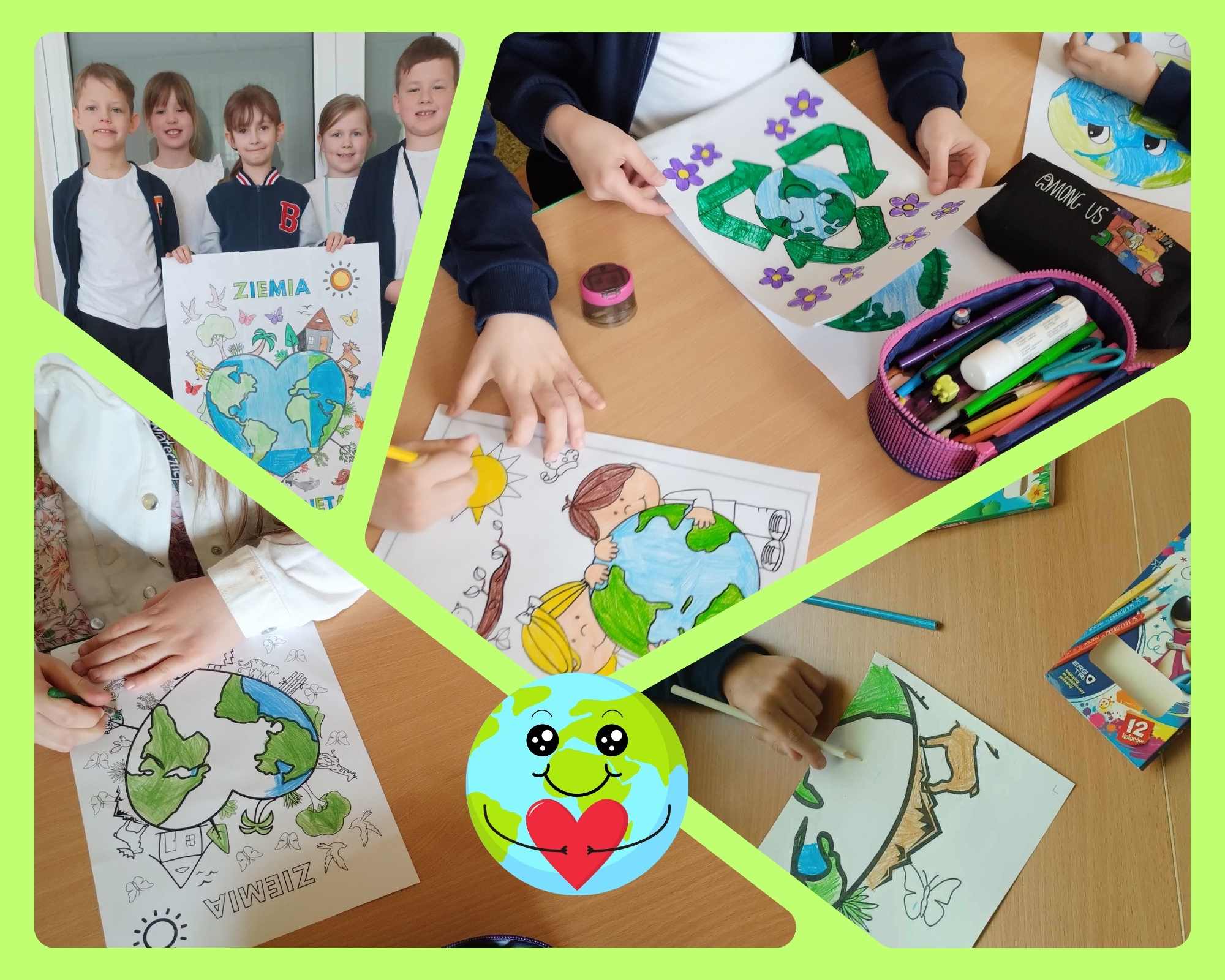 Dzieci kolorują obrazki o tematyce ekologicznej i kolorowankę XXL pt. „Ziemia - moja planeta”.