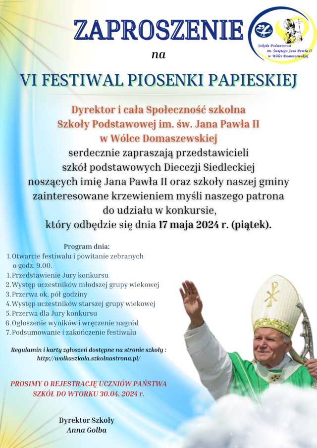 Zaproszenie na VI Festiwal Piosenki Papieskiej