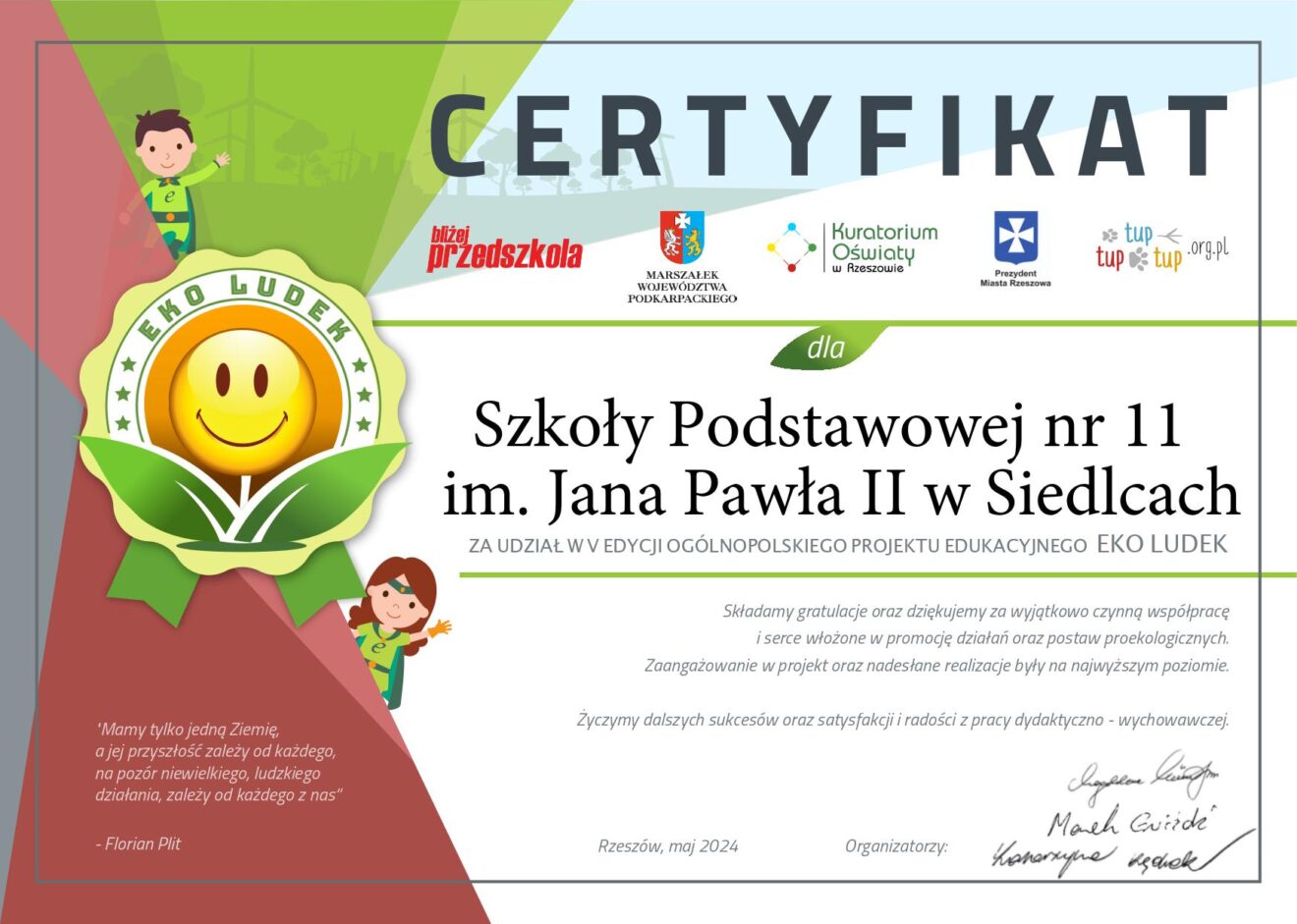 Certyfikat udziału w Ogólnopolskim projekcie edukacyjnym - Eko Ludek