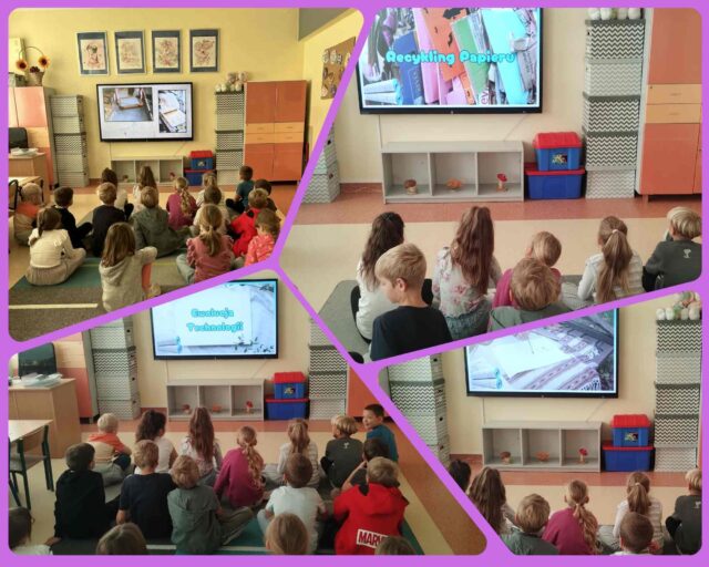 Uczniowie oglądają film edukacyjny “Jak powstaje papier?” oraz prezentację z ciekawostkami na temat  jego znaczenia i zastosowań w codziennym życiu.