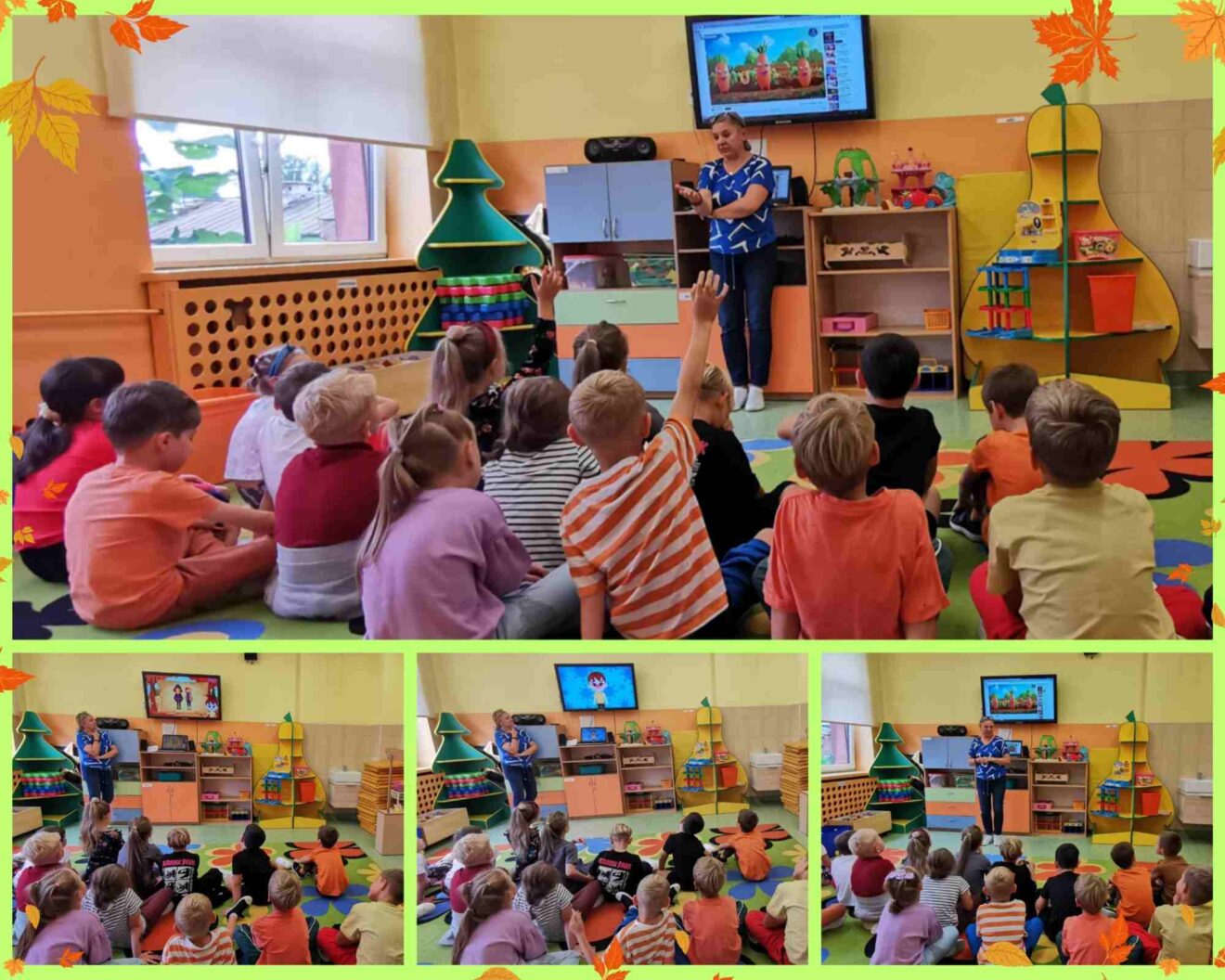 Pani pielęgniarka opowiada uczniom o tym jak rozpoznać objawy przeziębienia, dbać o higienę i wzmacniać odporność. Świetliczaki oglądają filmy edukacyjne „Dlaczego ludzie chorują?”.