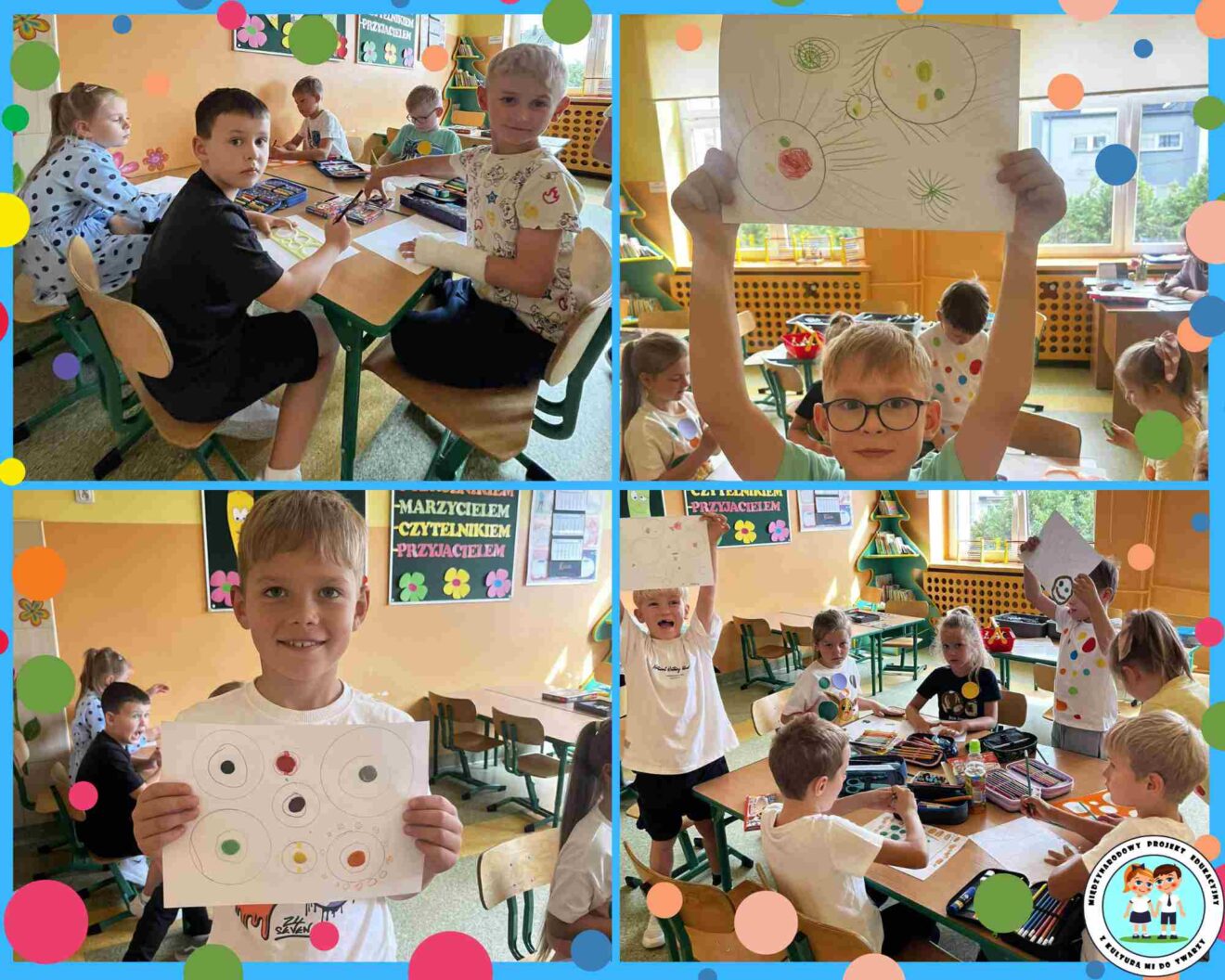 Dzieci wykonują różnorodne aktywności: praca plastyczna, taniec, śpiew.
Logo międzynarodowego projektu edukacyjnego „Z kulturą mi do twarzy”.