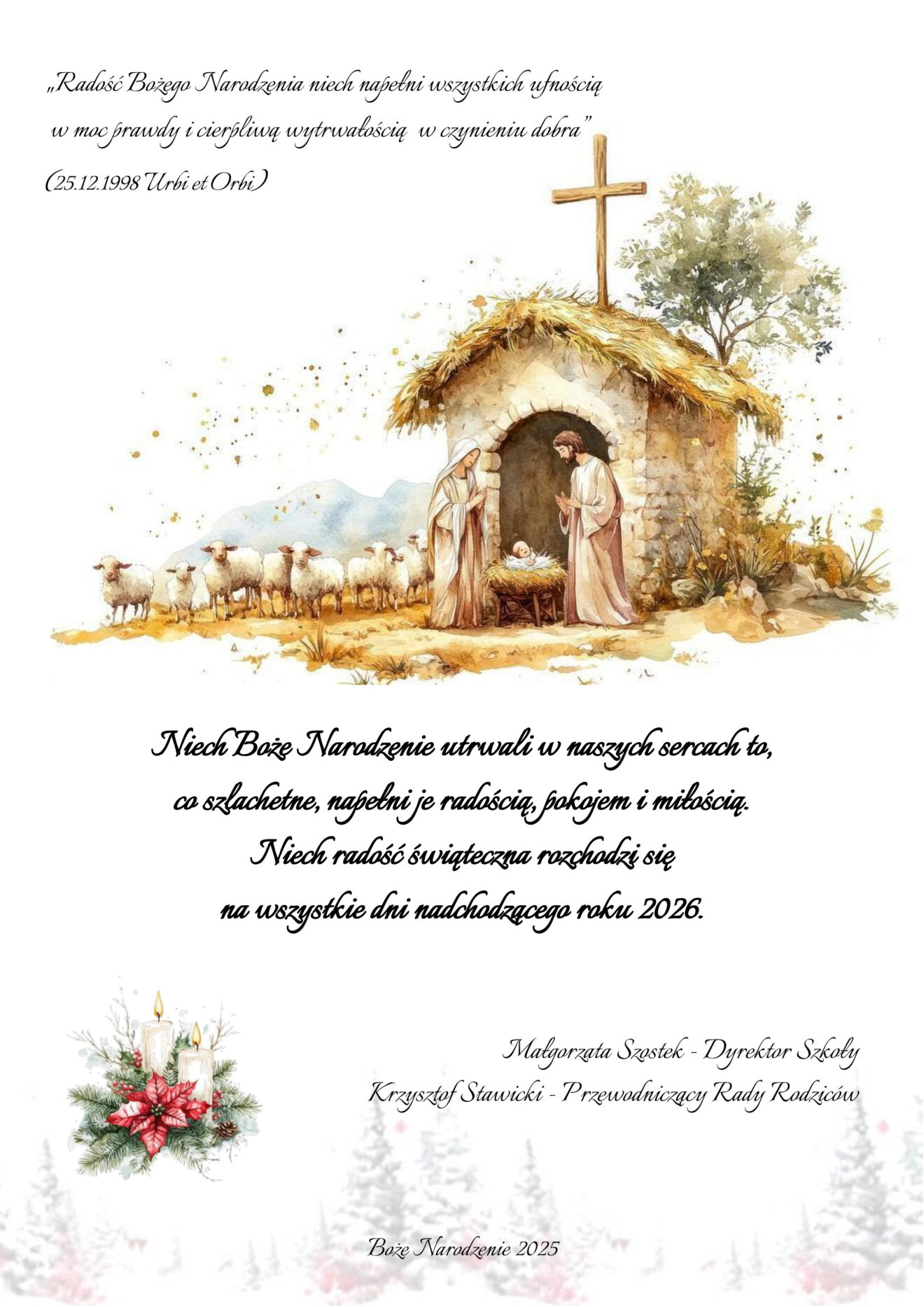 Życzenia bożonarodzeniowe od Dyrekcji Szkoły oraz Przewodniczącego Rady Rodziców