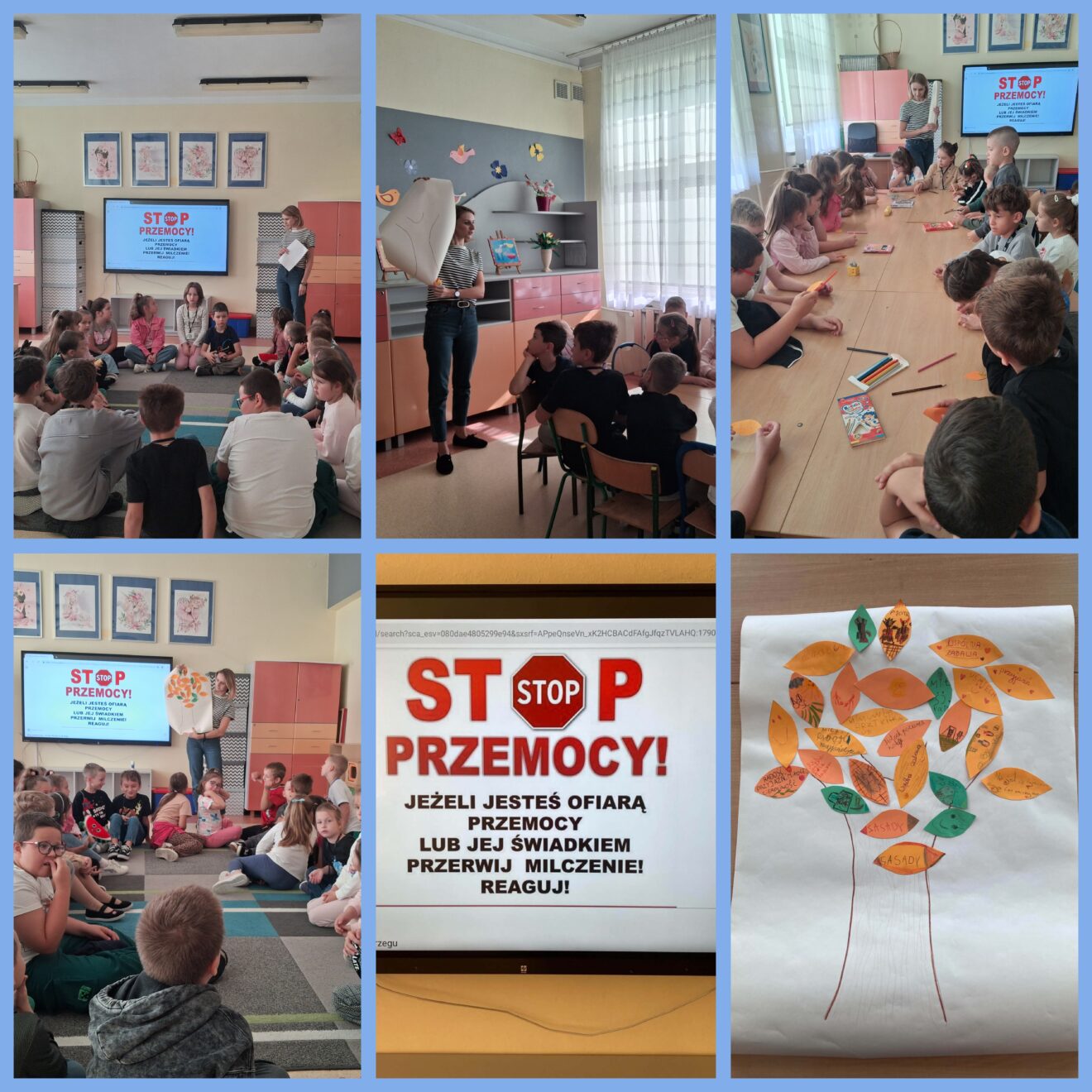 Kolaż zdjęć przedstawia zajęcia profilaktyczne dla dzieci pod hasłem „STOP PRZEMOCY!”. Uczestnicy oglądają prezentację, słuchają pani psycholog oraz tworzą pracę plastyczną w postaci drzewa z papierowymi liśćmi.
