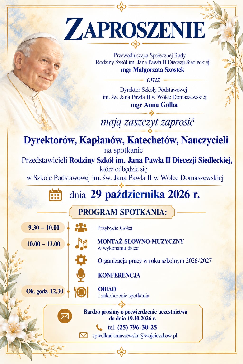 Zaproszenie na spotkanie Przedstawicieli Diecezjalnej Rodziny Szkół i. Jana Pawła II Diecezji Siedleckiej.